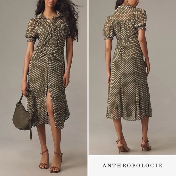 Anthropologie Puff-Sleeve Ruched Mesh Midi Shirt Dress
Moss Green 6 NWT - Picture 1 of 16